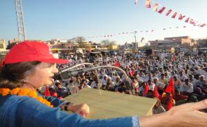 Com Brinda addressing public meeting in Uchana Mandi